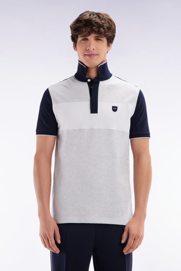 Polo À Manches Courtes En Coton Stretch Gris Bande Contrastée Coupe Ajustée Eden Park