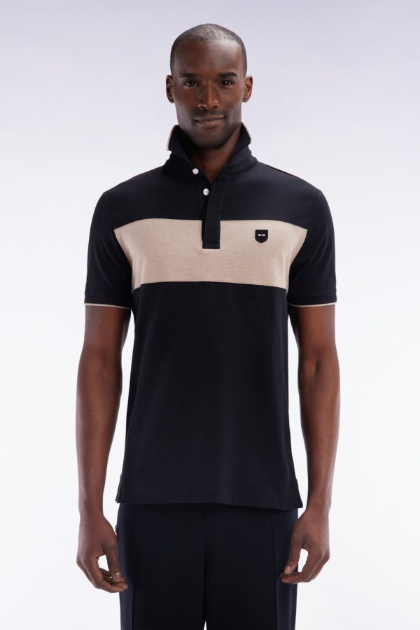 Polo À Manches Courtes En Coton Stretch Noir Bande Contrastée Coupe Ajustée Eden Park