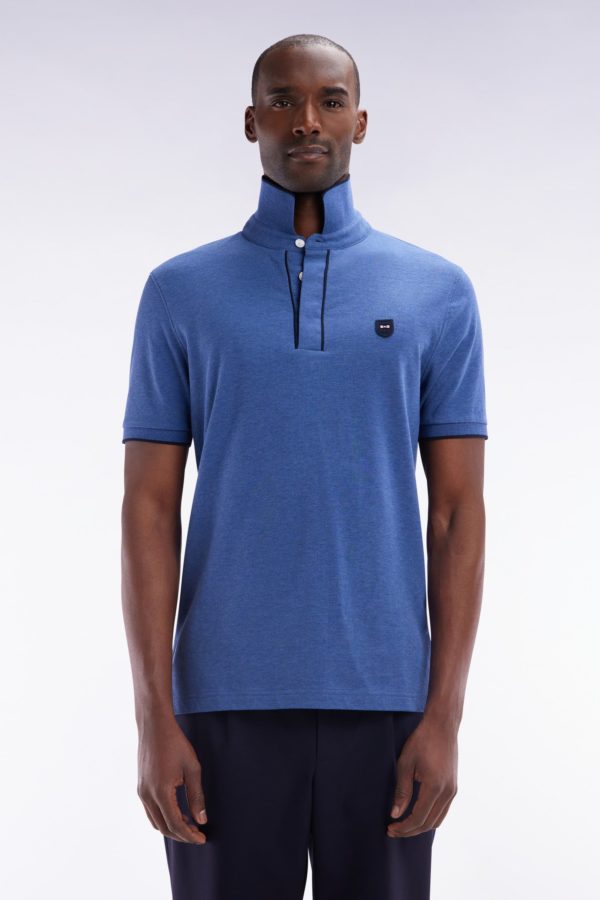 Polo À Manches Courtes En Piqué De Coton Chiné Stretch Bleu Foncé Coupe Ajustée Eden Park