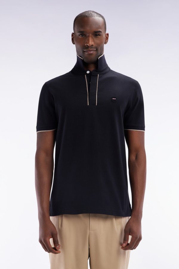Polo À Manches Courtes En Piqué De Coton Chiné Stretch Noir Coupe Ajustée Eden Park
