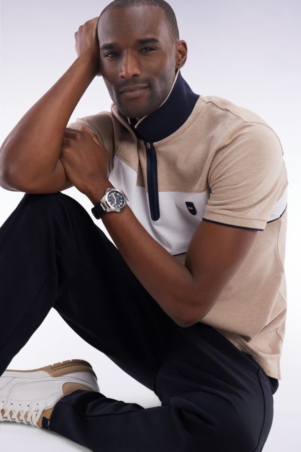 Polo À Manches Courtes En Piqué De Coton Chiné Stretch Beige Détails Contrastés Coupe Ajustée Eden Park – Image 2