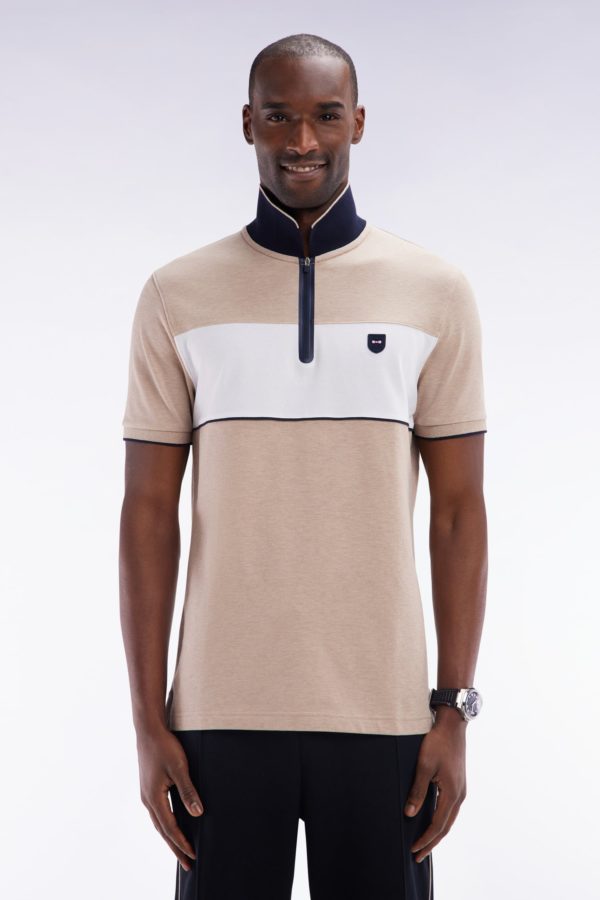 Polo À Manches Courtes En Piqué De Coton Chiné Stretch Beige Détails Contrastés Coupe Ajustée Eden Park