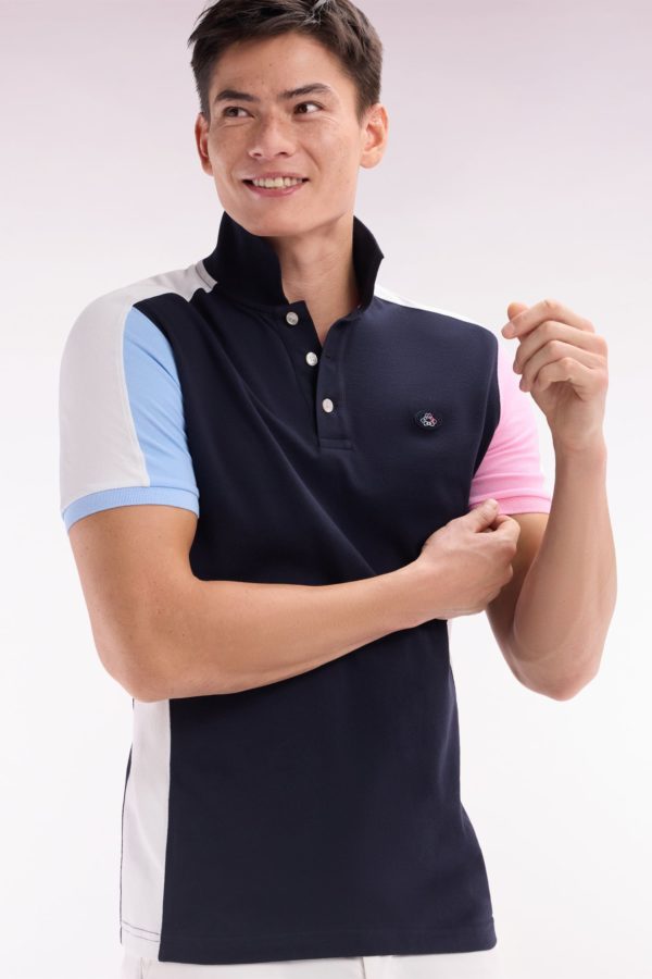 Polo À Manches Courtes Colorblock En Coton Bleu Marine Coupe Droite Eden Park – Image 2