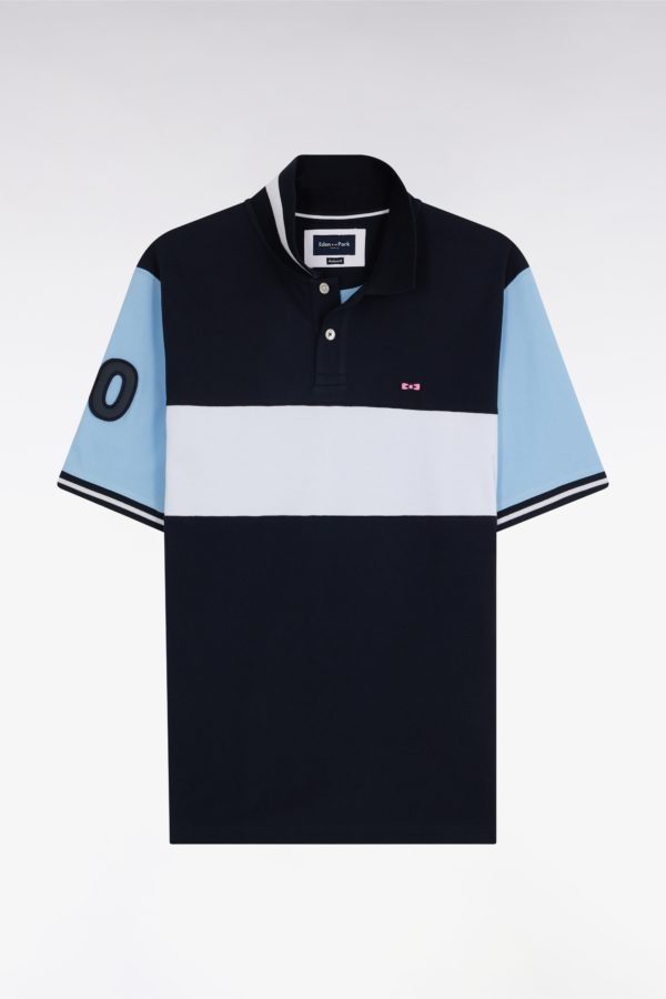 Polo À Manches Courtes En Piqué Coton Marine Bande Contrastée Coupe Décontractée Eden Park