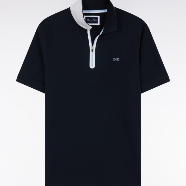 Polo Zippé À Manches Courtes En Coton Stretch Marine Coupe Ajustée Eden Park