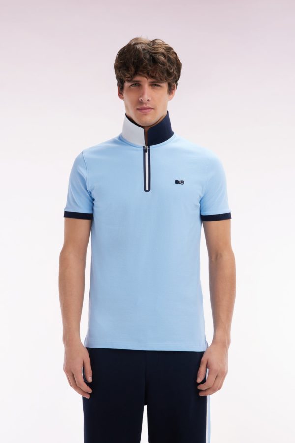 Polo Zippé À Manches Courtes En Coton Stretch Ciel Coupe Ajustée Eden Park