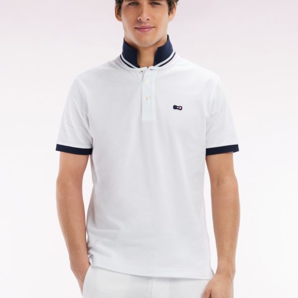 Polo À Manches Courtes En Piqué Coton Blanc Broderie Tricolore Coupe Droite Eden Park