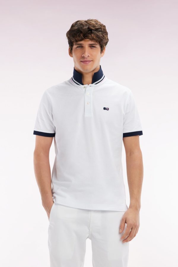 Polo À Manches Courtes En Piqué Coton Blanc Broderie Tricolore Coupe Droite Eden Park
