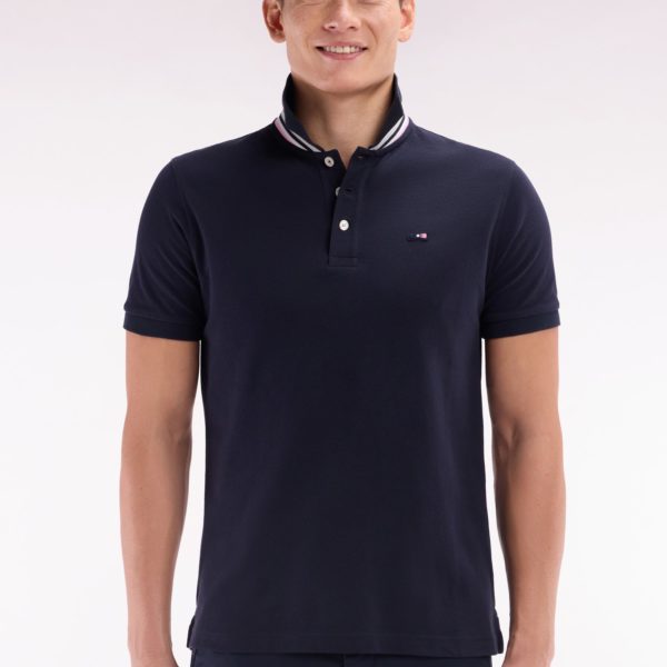 Polo À Manches Courtes En Piqué Coton Marine Broderie Tricolore Coupe Droite Eden Park