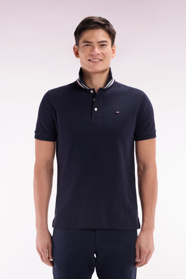 Polo À Manches Courtes En Piqué Coton Marine Broderie Tricolore Coupe Droite Eden Park