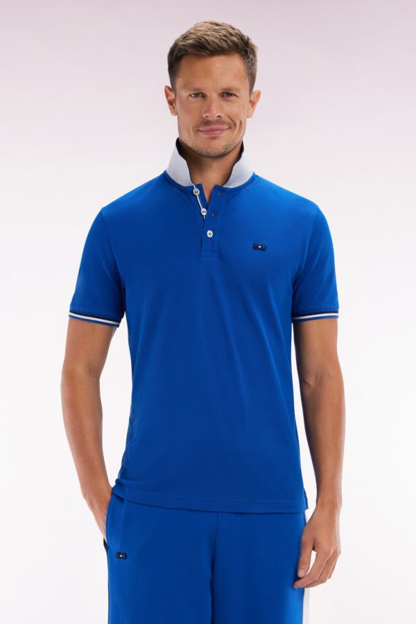 Polo À Manches Courtes En Coton Bleu Col Contrasté Coupe Droite Eden Park