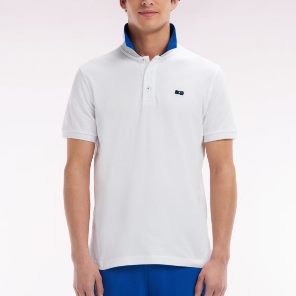 Polo À Manches Courtes En Coton Blanc Col Bicolore Jacquard Eden Park Coupe Droite Eden Park