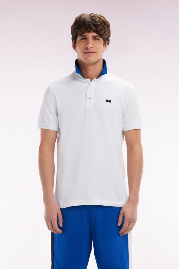 Polo À Manches Courtes En Coton Blanc Col Bicolore Jacquard Eden Park Coupe Droite Eden Park