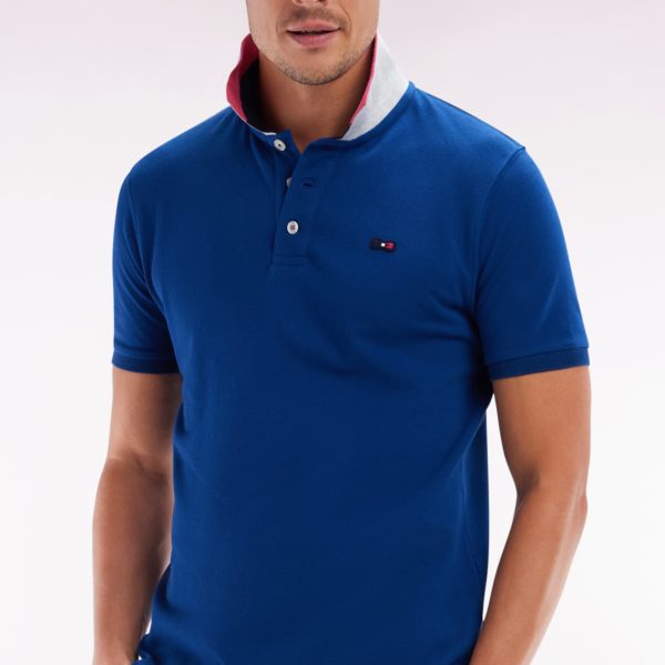 Polo À Manches Courtes En Coton Bleu Col Bicolore Jacquard Eden Park Coupe Droite Eden Park