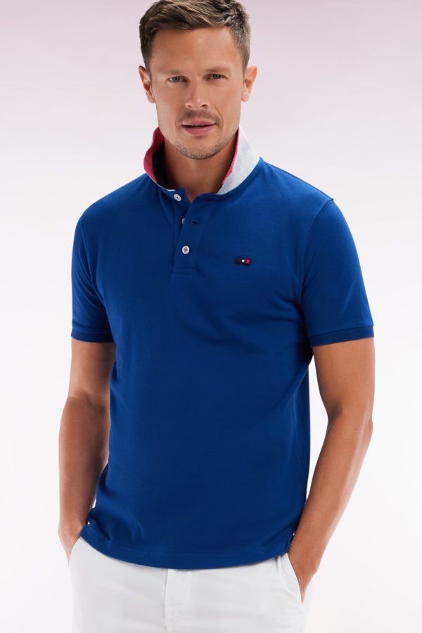 Polo À Manches Courtes En Coton Bleu Col Bicolore Jacquard Eden Park Coupe Droite Eden Park – Image 2