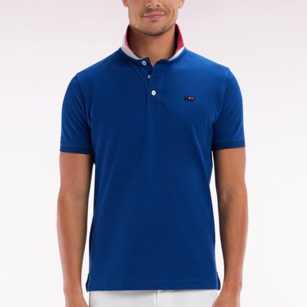 Polo À Manches Courtes En Coton Bleu Col Bicolore Jacquard Eden Park Coupe Droite Eden Park