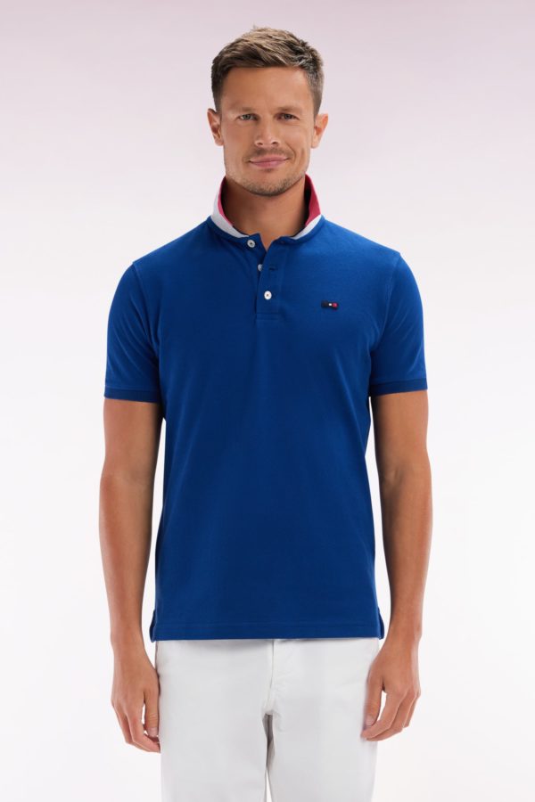 Polo À Manches Courtes En Coton Bleu Col Bicolore Jacquard Eden Park Coupe Droite Eden Park