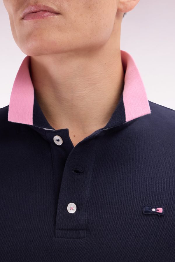 Polo À Manches Courtes En Coton Marine Col Bicolore Jacquard Eden Park Coupe Droite Eden Park – Image 4