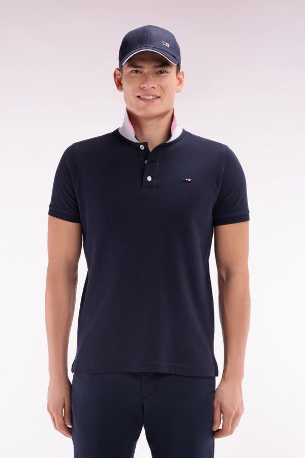 Polo À Manches Courtes En Coton Marine Col Bicolore Jacquard Eden Park Coupe Droite Eden Park