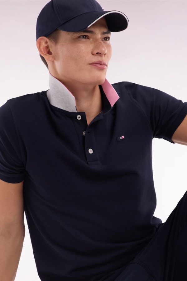 Polo À Manches Courtes En Coton Marine Col Bicolore Jacquard Eden Park Coupe Droite Eden Park – Image 2