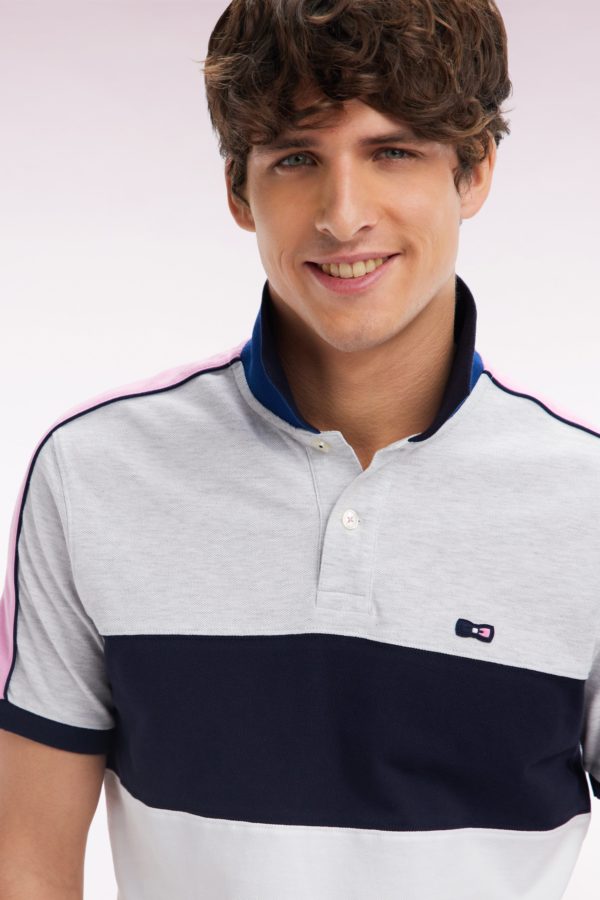 Polo À Manches Courtes En Coton Tricolore Blanc Marine Et Gris Coupe Droite Eden Park – Image 2