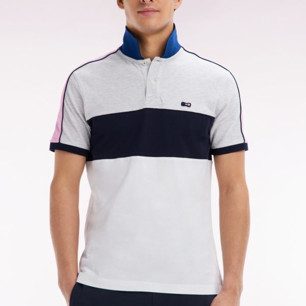 Polo À Manches Courtes En Coton Tricolore Blanc Marine Et Gris Coupe Droite Eden Park