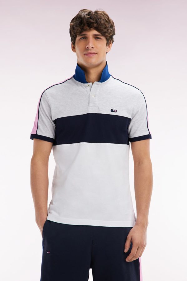 Polo À Manches Courtes En Coton Tricolore Blanc Marine Et Gris Coupe Droite Eden Park