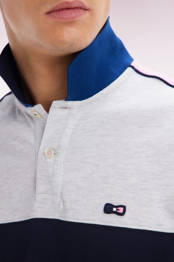 Polo À Manches Courtes En Coton Tricolore Blanc Marine Et Gris Coupe Droite Eden Park – Image 4