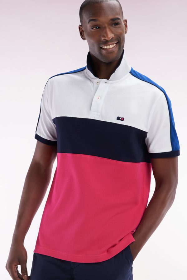 Polo À Manches Courtes En Coton Tricolore Blanc Marine Et Fuchsia Coupe Droite Eden Park – Image 2