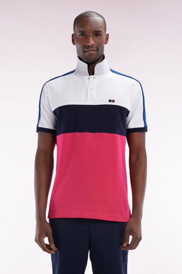 Polo À Manches Courtes En Coton Tricolore Blanc Marine Et Fuchsia Coupe Droite Eden Park