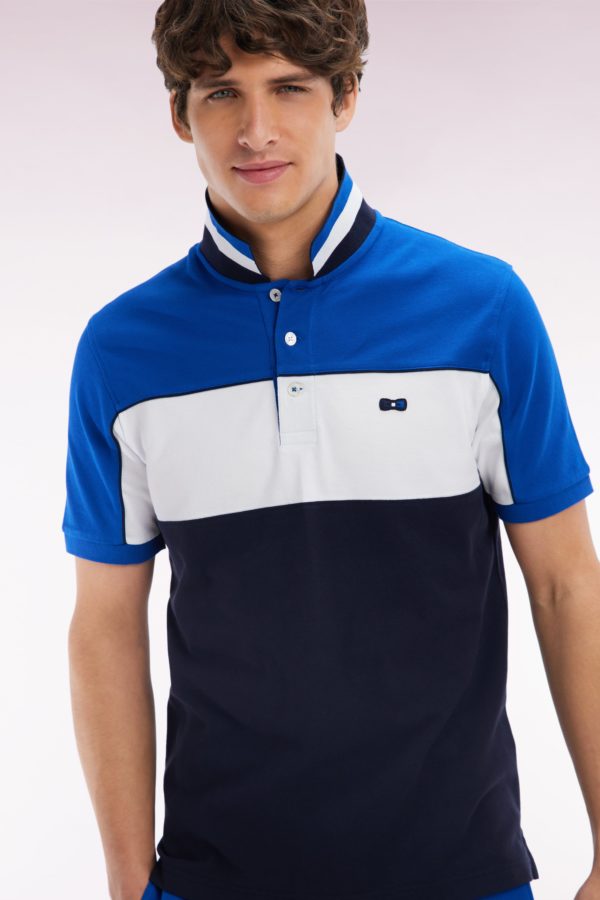 Polo À Manches Courtes En Coton Tricolore Bleu Dessous De Col Rayé Coupe Droite Eden Park – Image 2