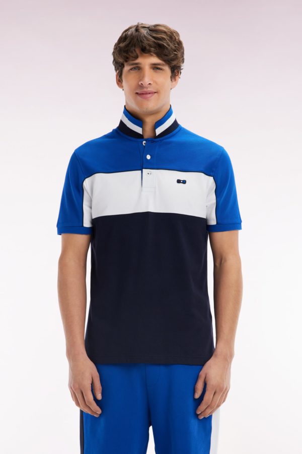 Polo À Manches Courtes En Coton Tricolore Bleu Dessous De Col Rayé Coupe Droite Eden Park