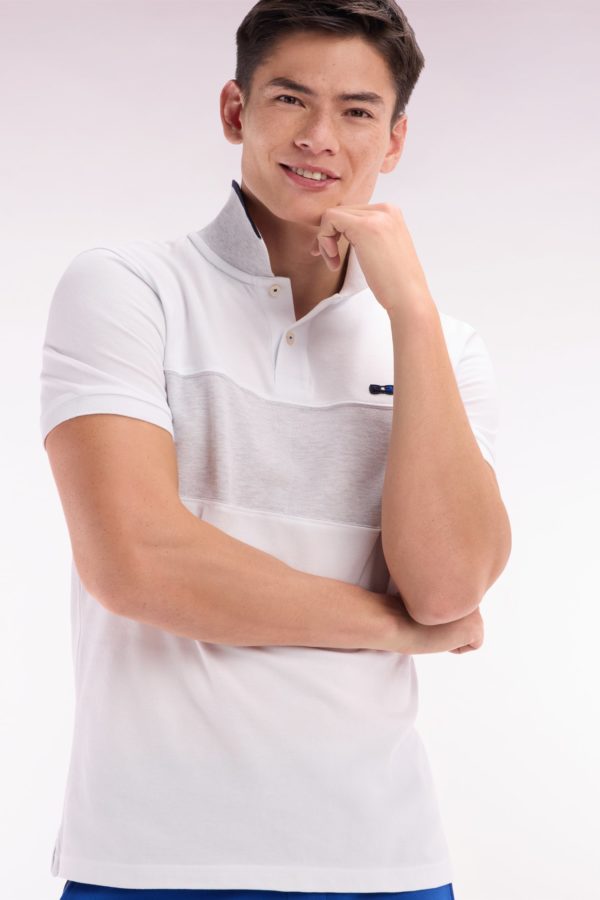 Polo À Manches Courtes Colorblock En Coton Blanc Détails Gris Et Marine Coupe Droite Eden Park – Image 2