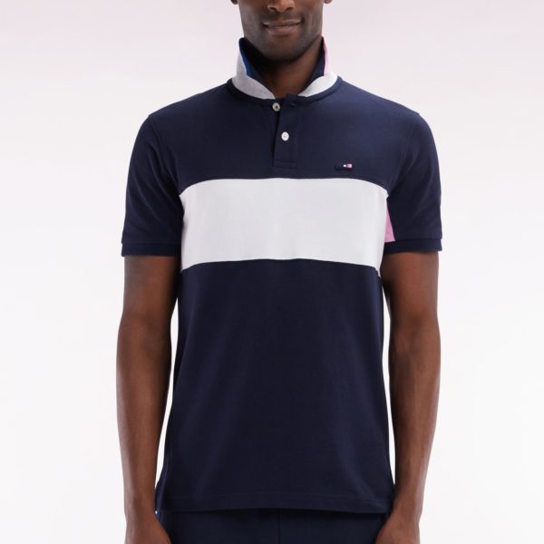 Polo À Manches Courtes Colorblock En Coton Marine Détails Roses Et Blancs Coupe Droite Eden Park