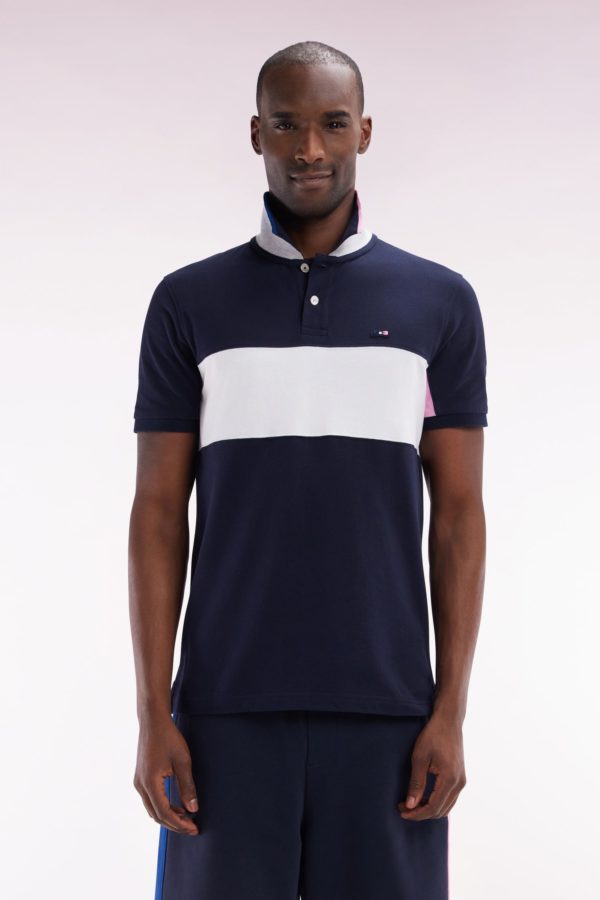 Polo À Manches Courtes Colorblock En Coton Marine Détails Roses Et Blancs Coupe Droite Eden Park