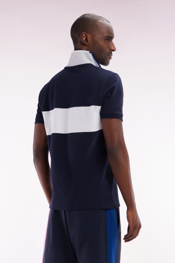 Polo À Manches Courtes Colorblock En Coton Marine Détails Roses Et Blancs Coupe Droite Eden Park – Image 3