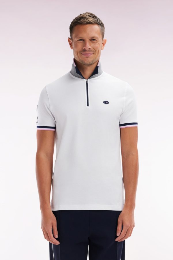 Polo À Manches Courtes En Coton Stretch Blanc Col Zippé Coupe Ajustée Eden Park