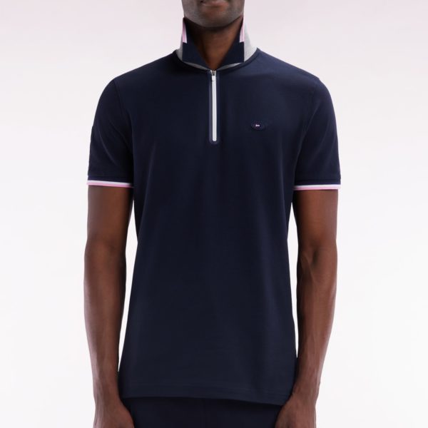 Polo À Manches Courtes En Coton Stretch Marine Col Zippé Coupe Ajustée Eden Park