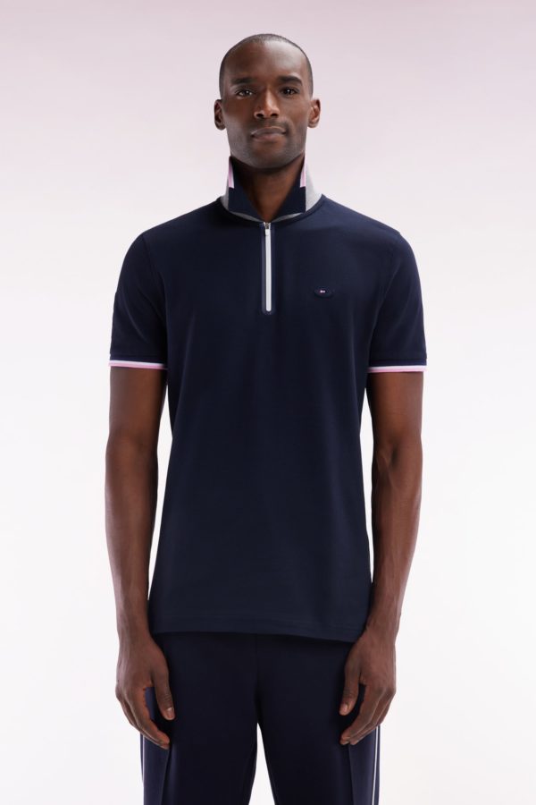 Polo À Manches Courtes En Coton Stretch Marine Col Zippé Coupe Ajustée Eden Park