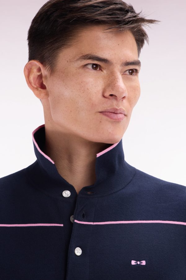 Pull Manches Courtes À Col Polo En Coton Marine Et Rose Coupe Droite Eden Park – Image 4