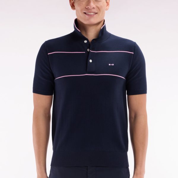 Pull Manches Courtes À Col Polo En Coton Marine Et Rose Coupe Droite Eden Park