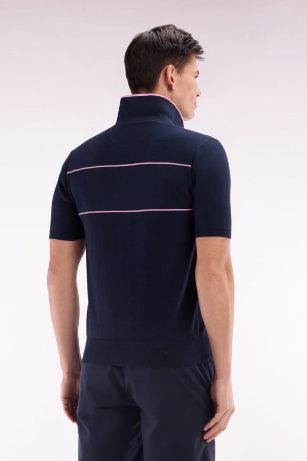 Pull Manches Courtes À Col Polo En Coton Marine Et Rose Coupe Droite Eden Park – Image 3