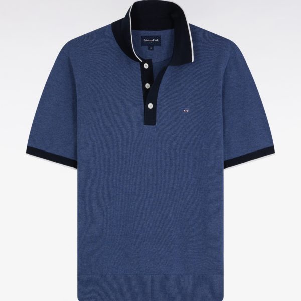 Pull Manches Courtes À Col Polo En Coton Bleu Coupe Droite Eden Park