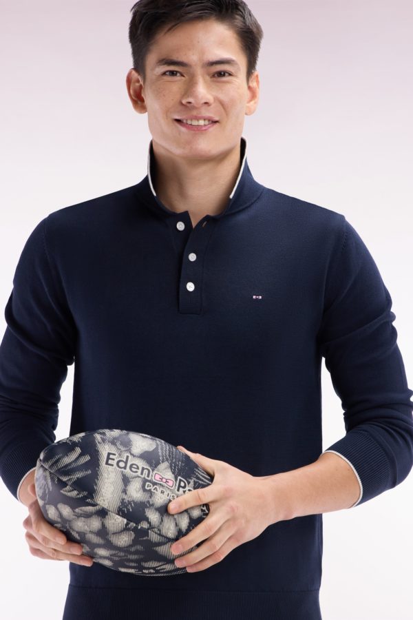 Pull Col Polo En Coton Marine Et Gris Coupe Droite Eden Park – Image 2