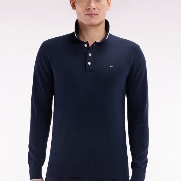 Pull Col Polo En Coton Marine Et Gris Coupe Droite Eden Park