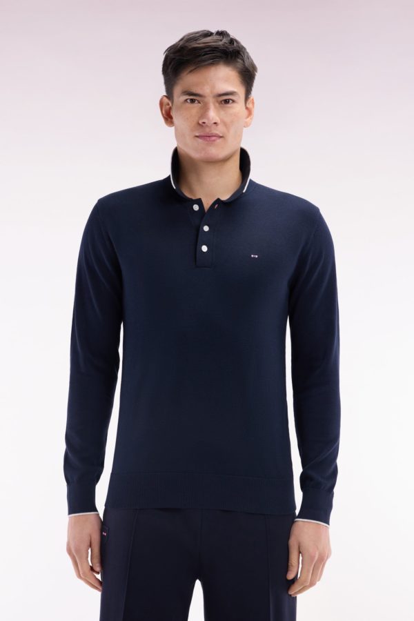 Pull Col Polo En Coton Marine Et Gris Coupe Droite Eden Park
