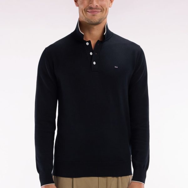 Pull Col Polo En Coton Noir Et Marron Coupe Droite Eden Park