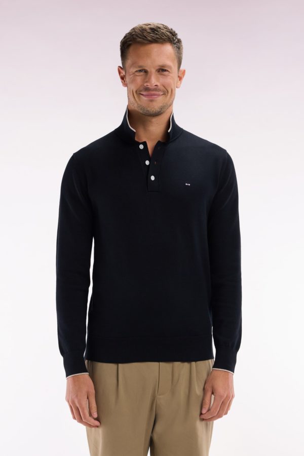 Pull Col Polo En Coton Noir Et Marron Coupe Droite Eden Park