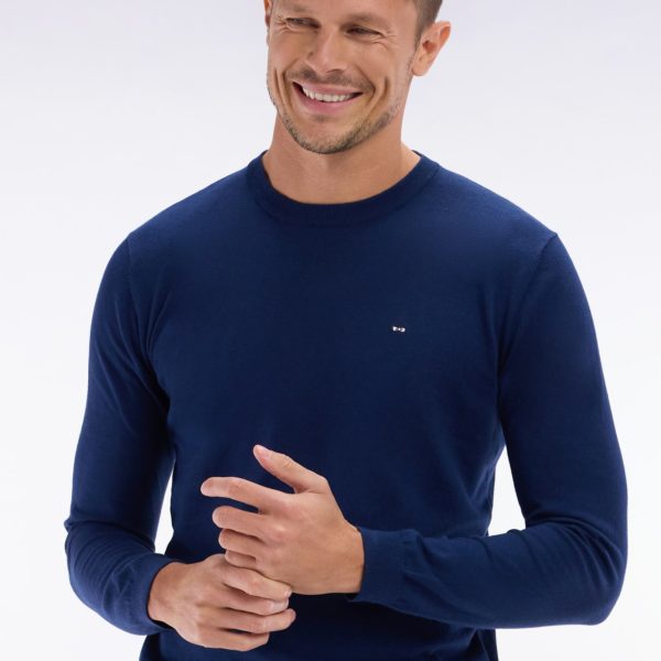 Pull Col Rond En Coton Et Soie Mélangés Marine Coupe Droite Eden Park