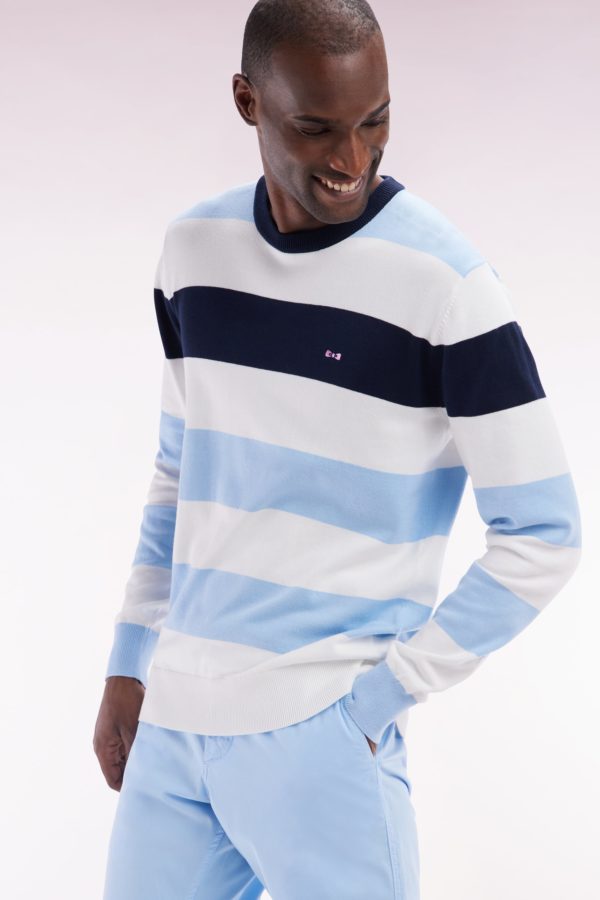 Pull Col Rond Cerclé En Coton Ciel Et Blanc Eden Park – Image 2